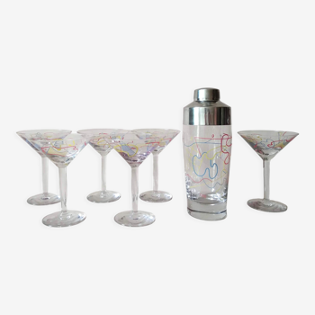 Shaker cocktail set and 6 vintage glasses