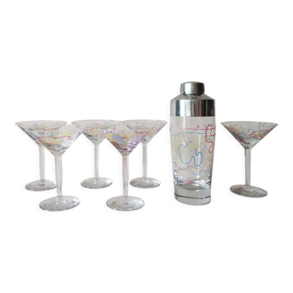 Shaker cocktail set and 6 vintage glasses