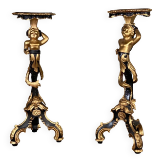 Pair of carved wooden pedestals, black and gold patina circa 1900