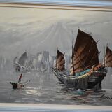 peinture marine voiliers bord de mer en Asie HSP signé