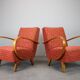 Pair of Halabala deck chairs from the 1950s, curved wooden chairs, Czech Republic.