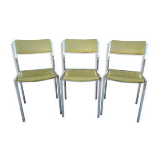 Lot de 3 chaises en chrome et skaï vert, années 70