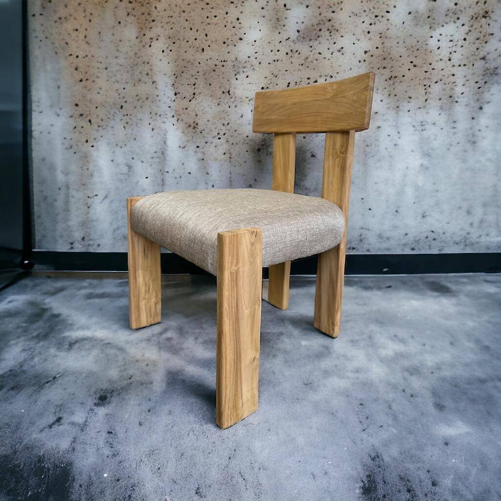 Solid wood chair with a linen-look seat.