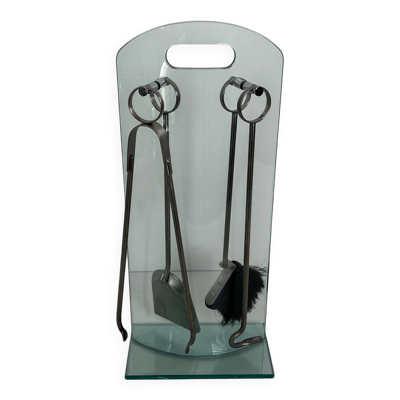 Nécessaire de Feu Design à Portant en Verre Trempé et Outils en Chrome