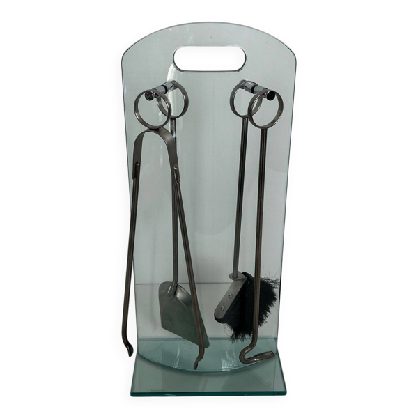 Nécessaire de Feu Design à Portant en Verre Trempé et Outils en Chrome