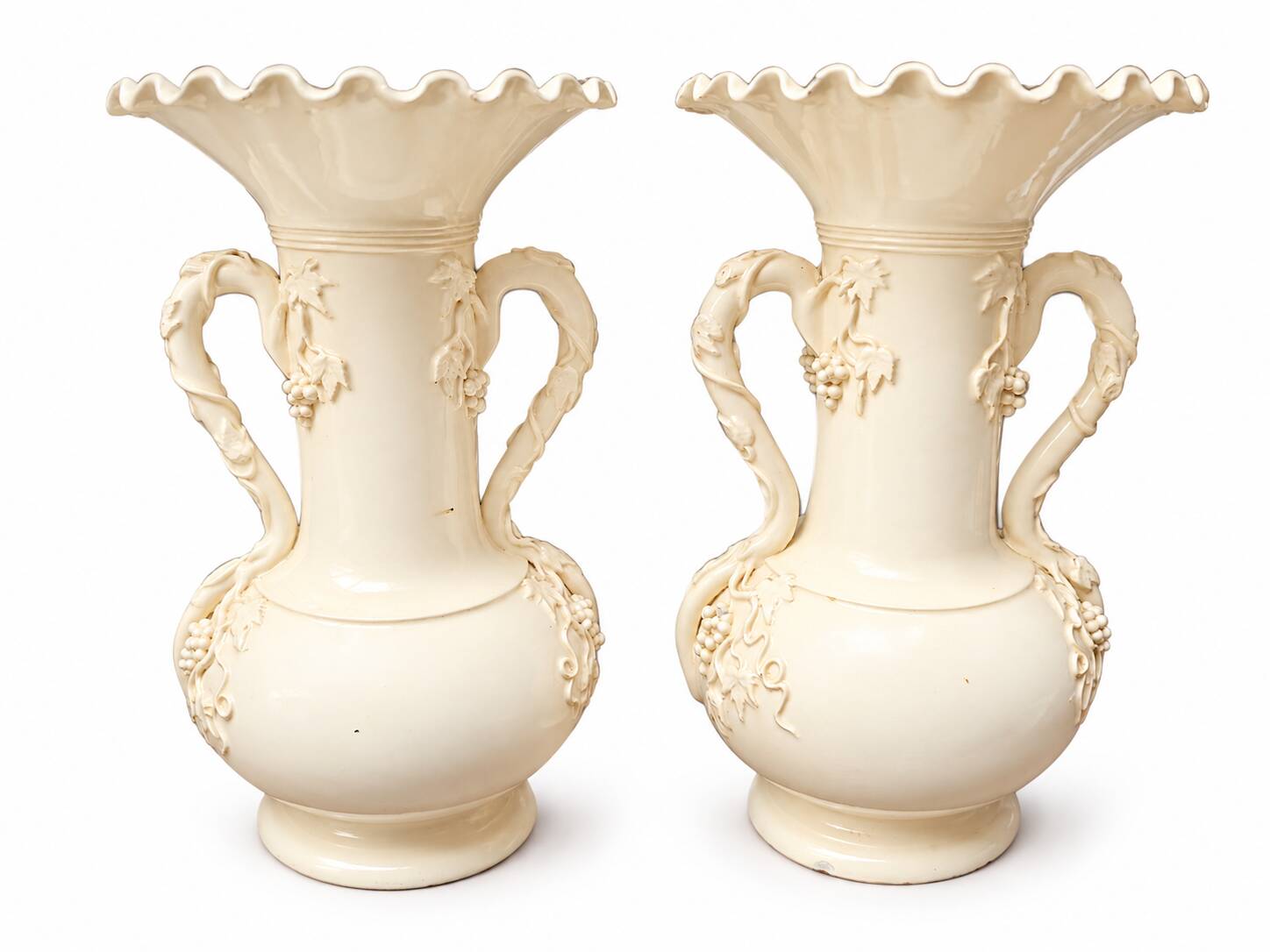 Pair of fine cream earthenware vases from Langeais, decorated with vine.