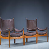 Mid-century danish oak and leather lounge chairs & ottoman by kristian vedel, 1960s, set of 3