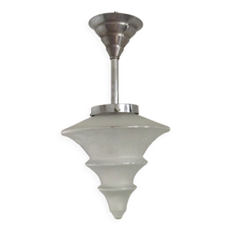 Plafonnier Vintage Art Déco en métal argenté avec abat-jour en verre conique 4856