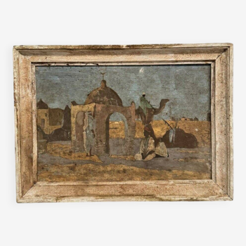 Oil on panel early 20th century oriental landscape Bedouins