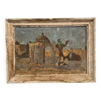 Oil on panel early 20th century oriental landscape Bedouins