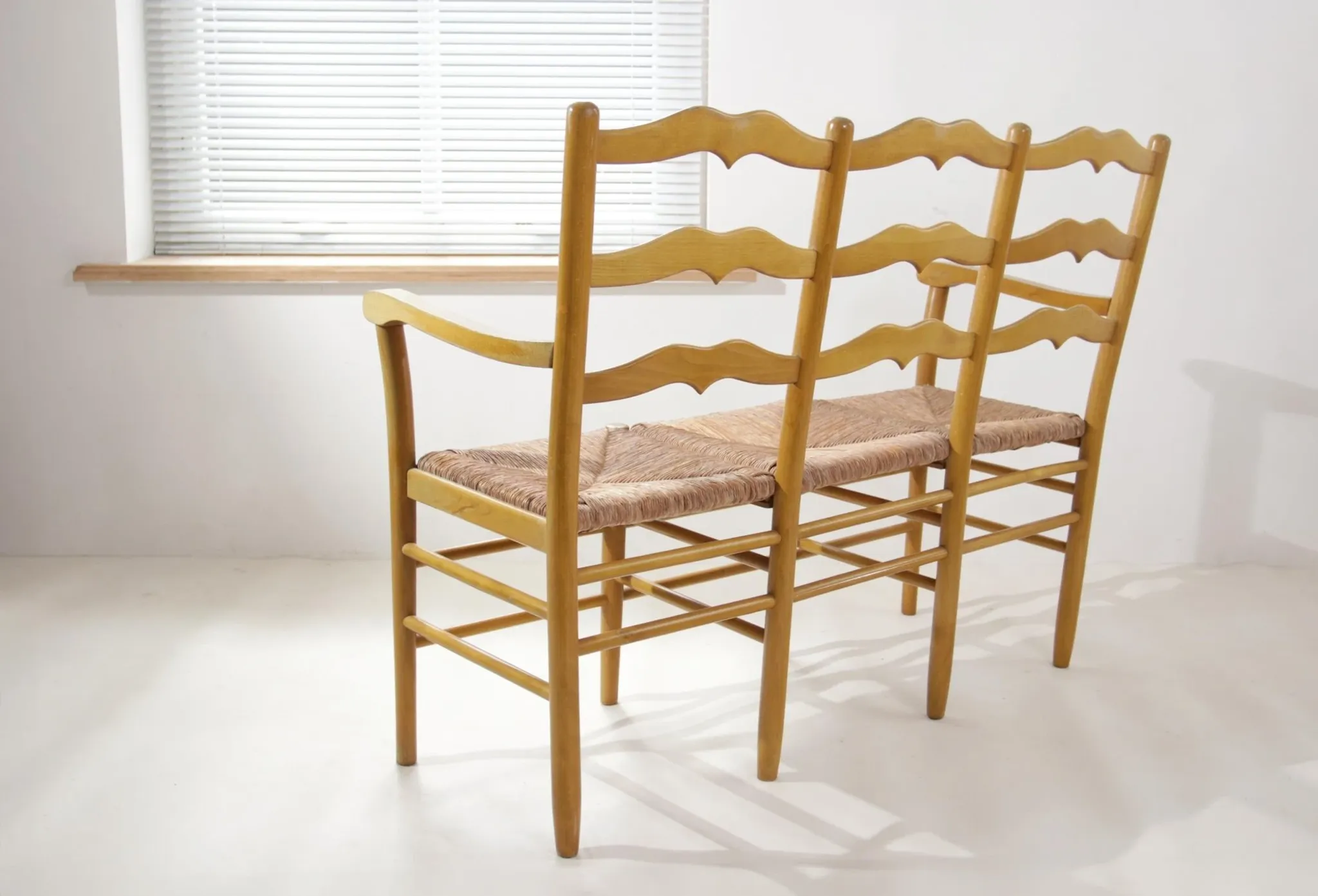 Beech three-seater bench with rush seat – 1960s