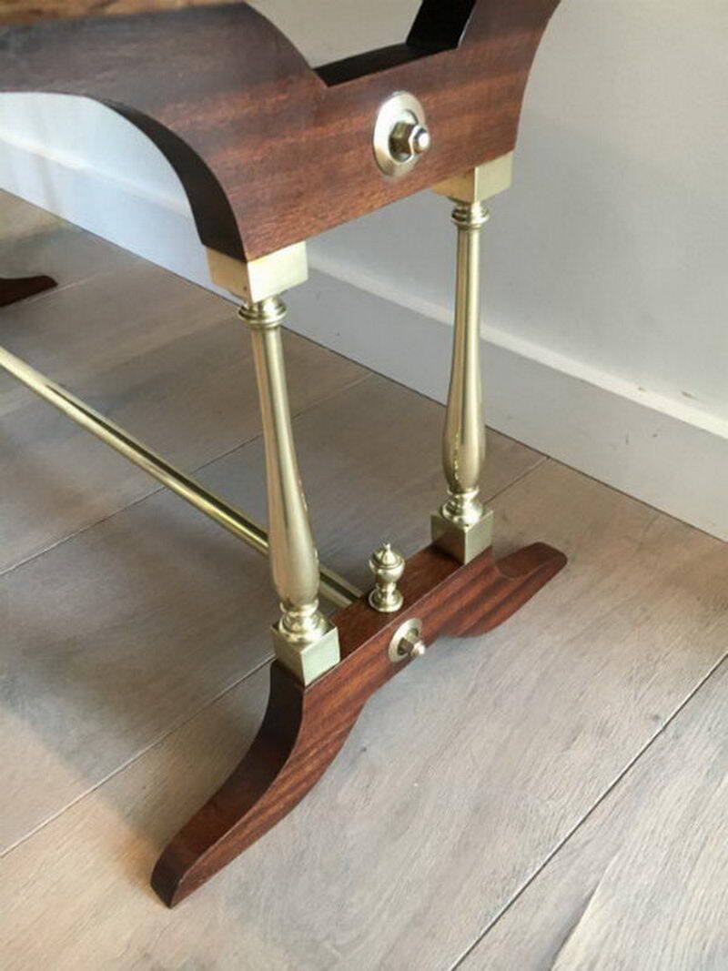 Neoclassical coffee table in wood, brass and leather