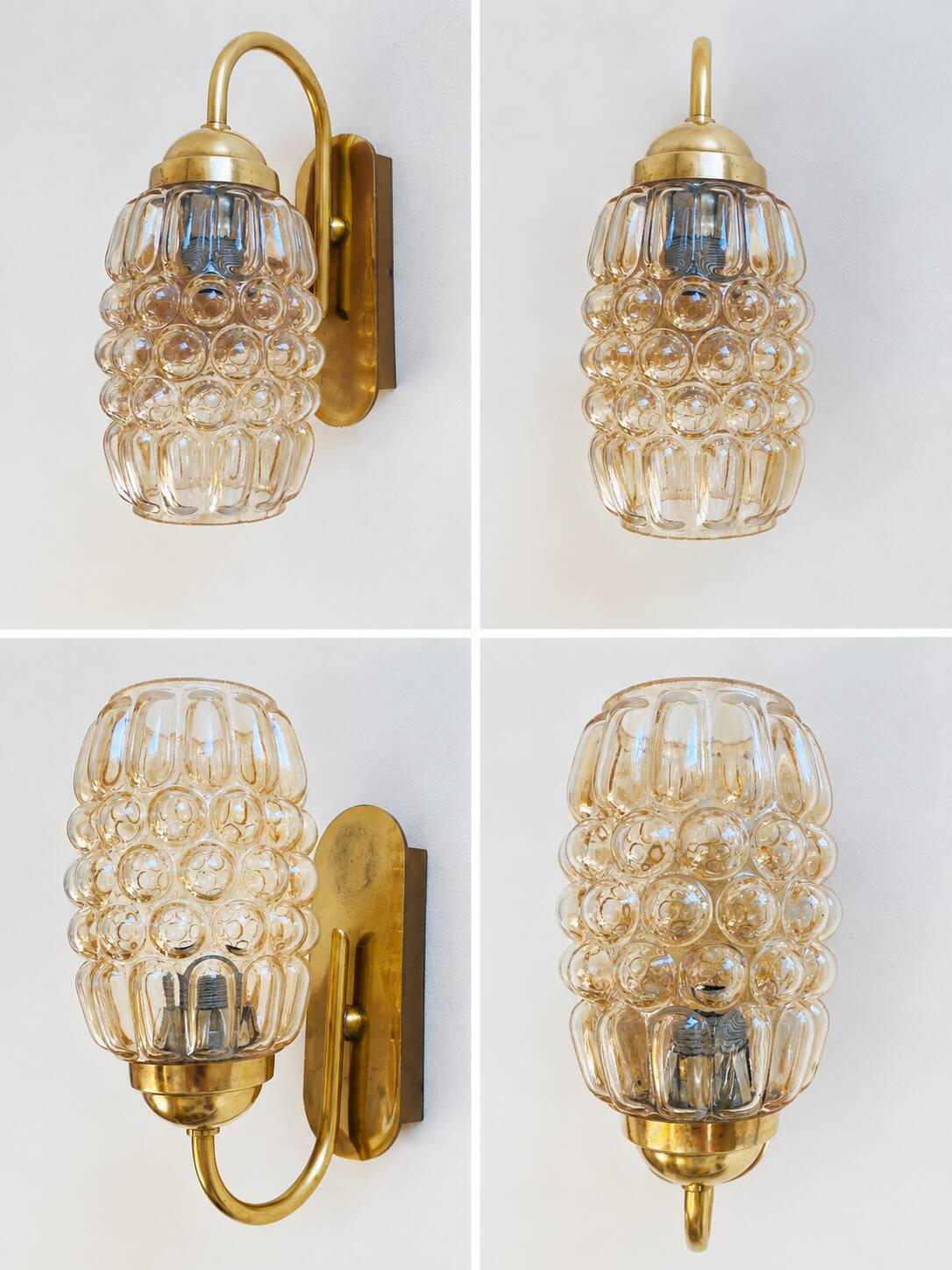 Pair of wall lights in brass and moulded bubble glass, style Helena Tynell.