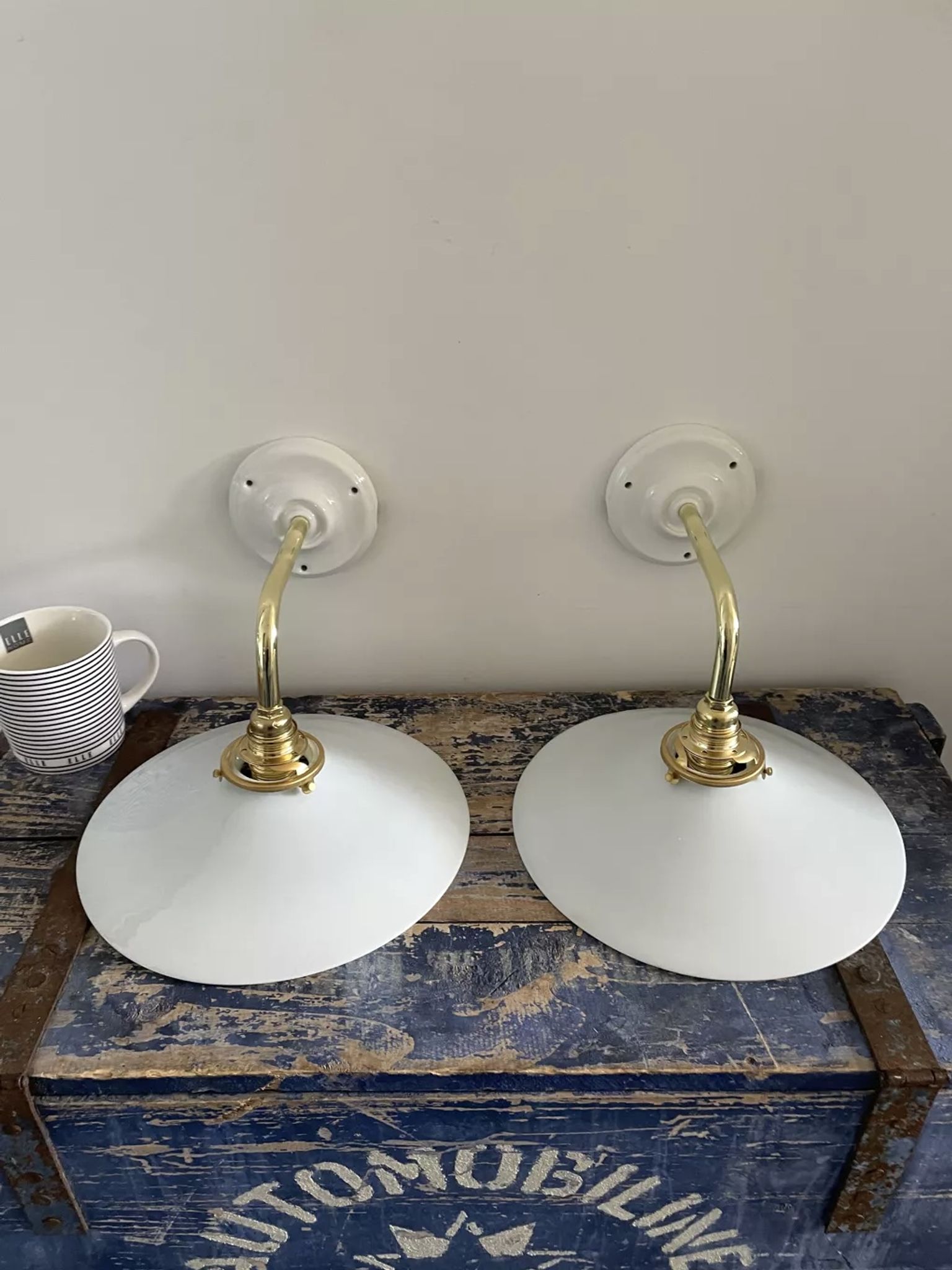 Set of two electrified white opaline wall lamps to nine