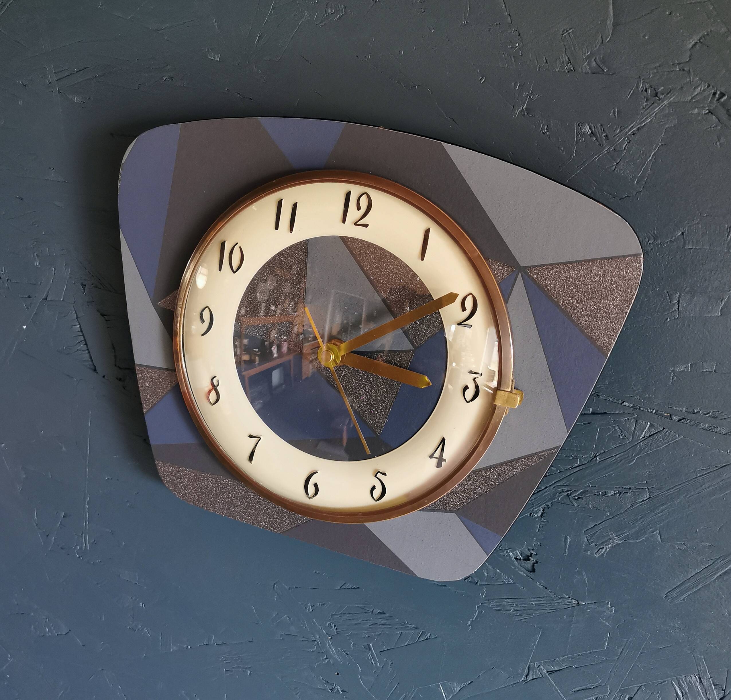Vintage formica clock silent trapeze wall pendulum "Grey blue"