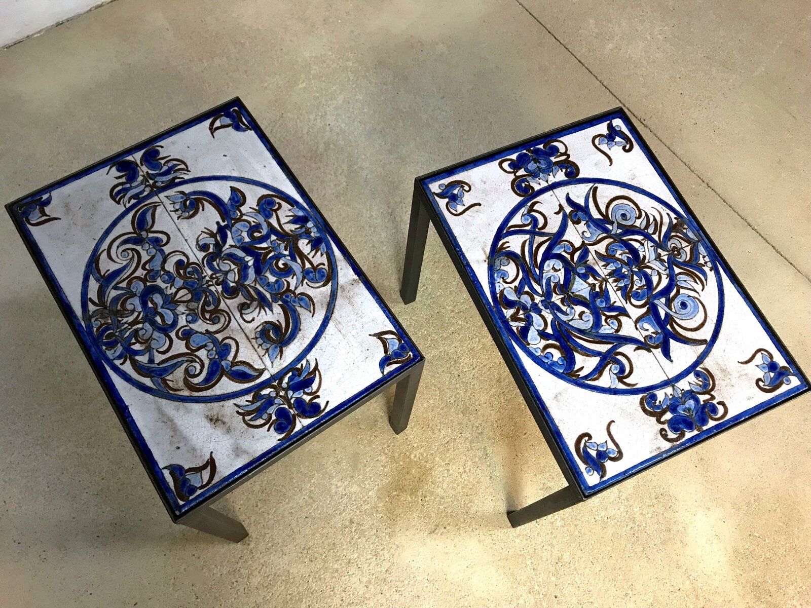 Italian ceramic tiles & steel side tables or nightstands, 1970s, set of 2