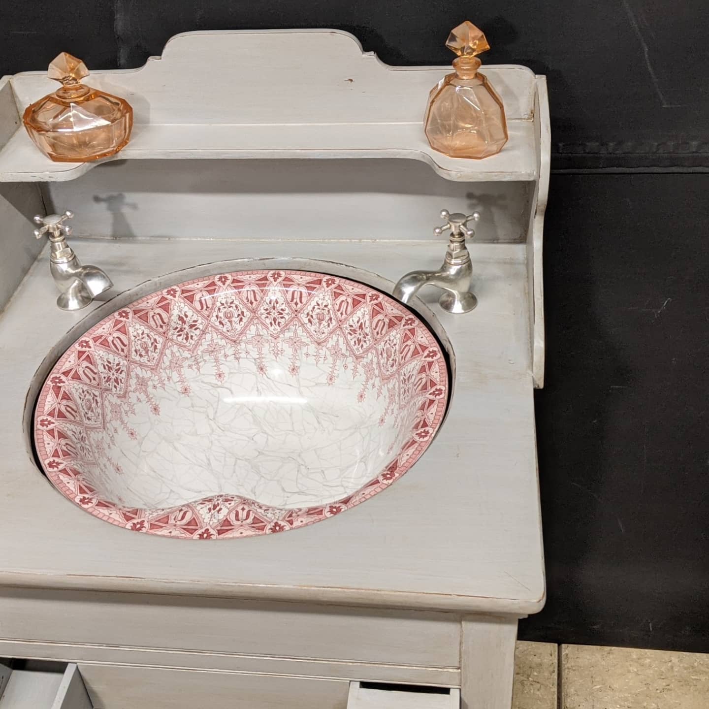 Old vanity unit in patinated wood gray basin earthenware rocker bathroom