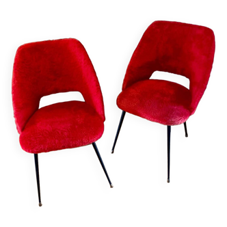 Paire de chaises tonneaux en  moumoute Pelfran,  vintage des années 60-70, piétement compas.