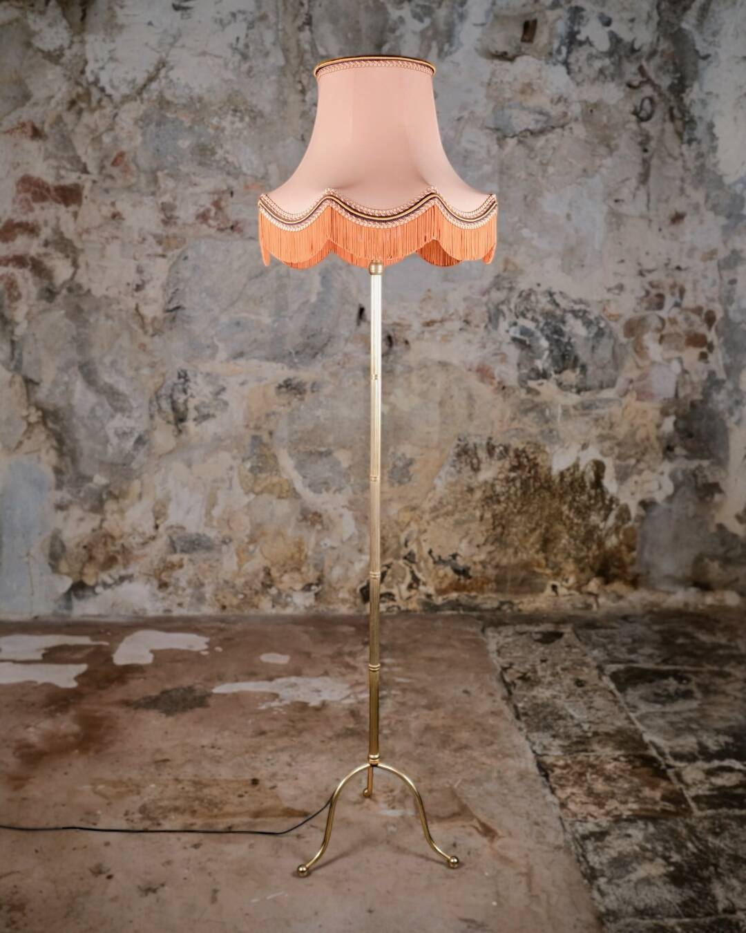 French brass floor lamp with fringes, mid-20th century