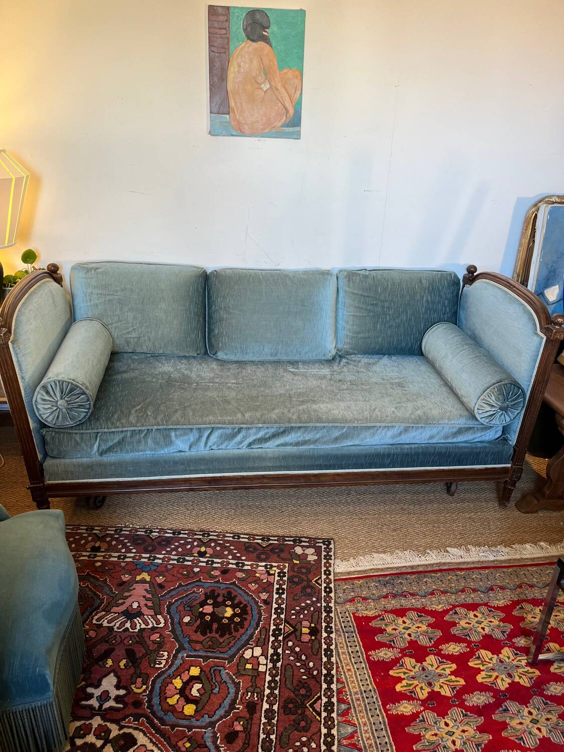 Vintage Louis XVI style blue velvet sofa