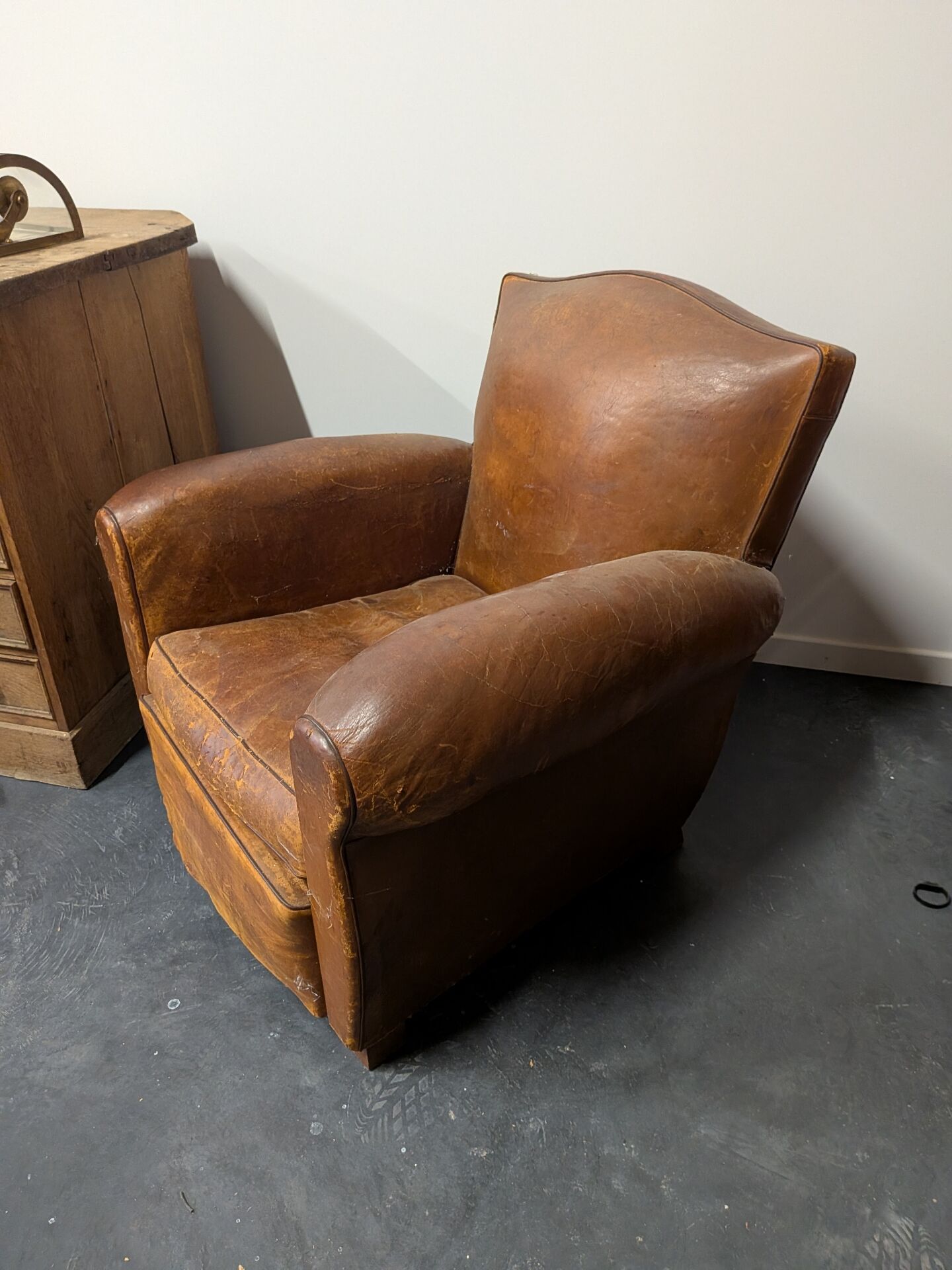 Pair of moustache club armchairs in leather, France, 1930s — to be restored.