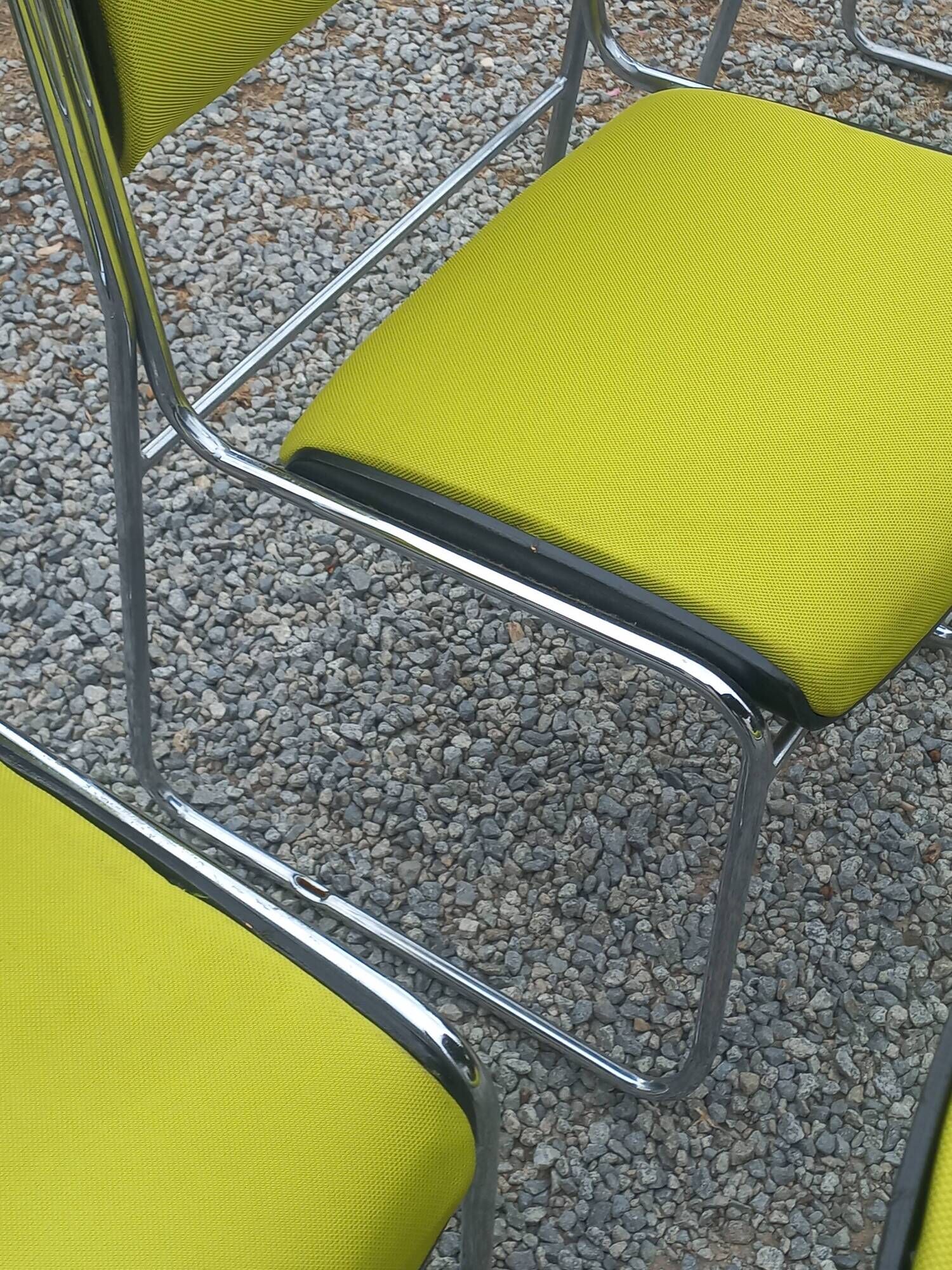 Set of 6 designer chairs with wooden seats and backs, chrome legs.