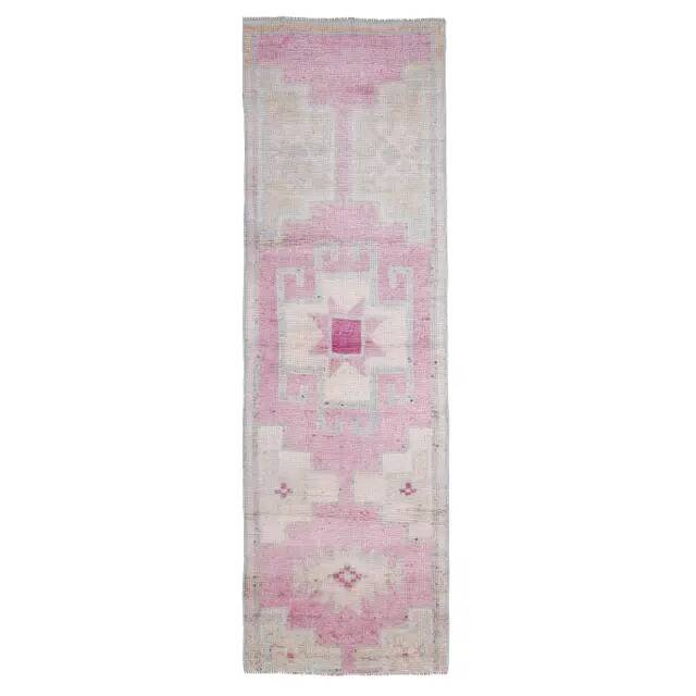 Vintage Turkish Oushak handmade wool cotton pink runner rug 100x320