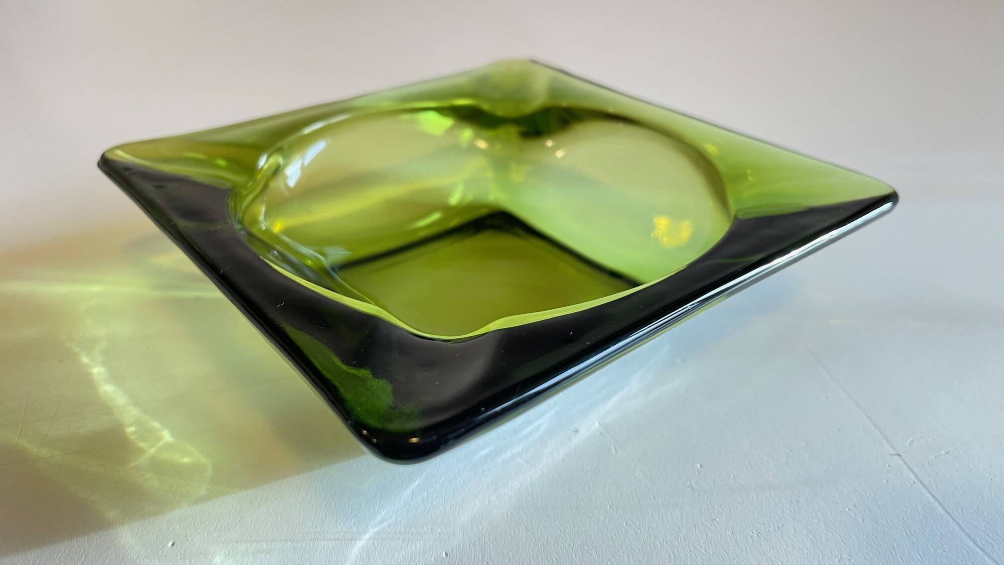 Geometric Glass Ashtray Vintage Green