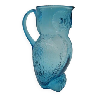 Vintage Blue Glass Owl Pitcher