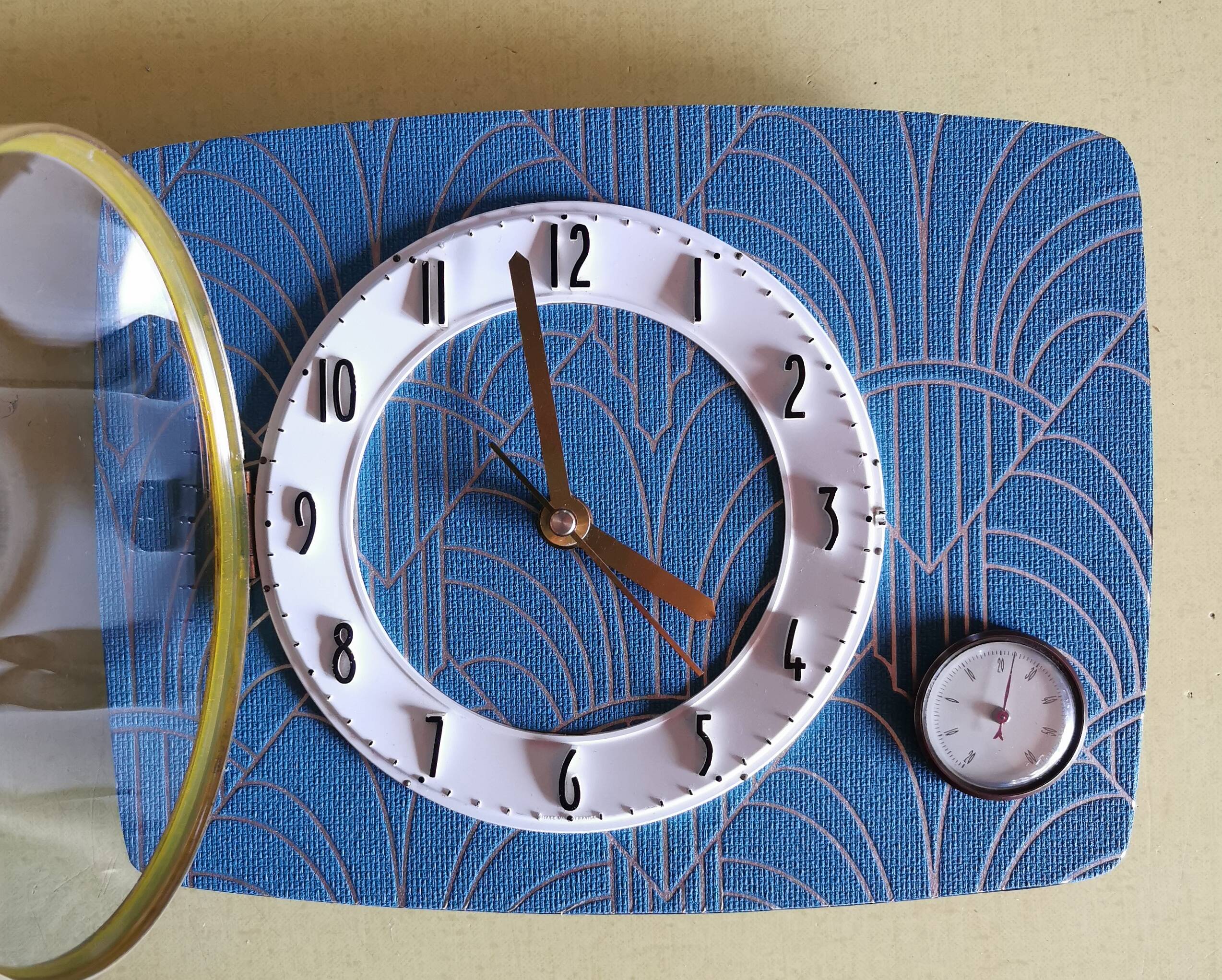 Vintage thermometer clock rectangular silent wall pendulum "Golden blue"