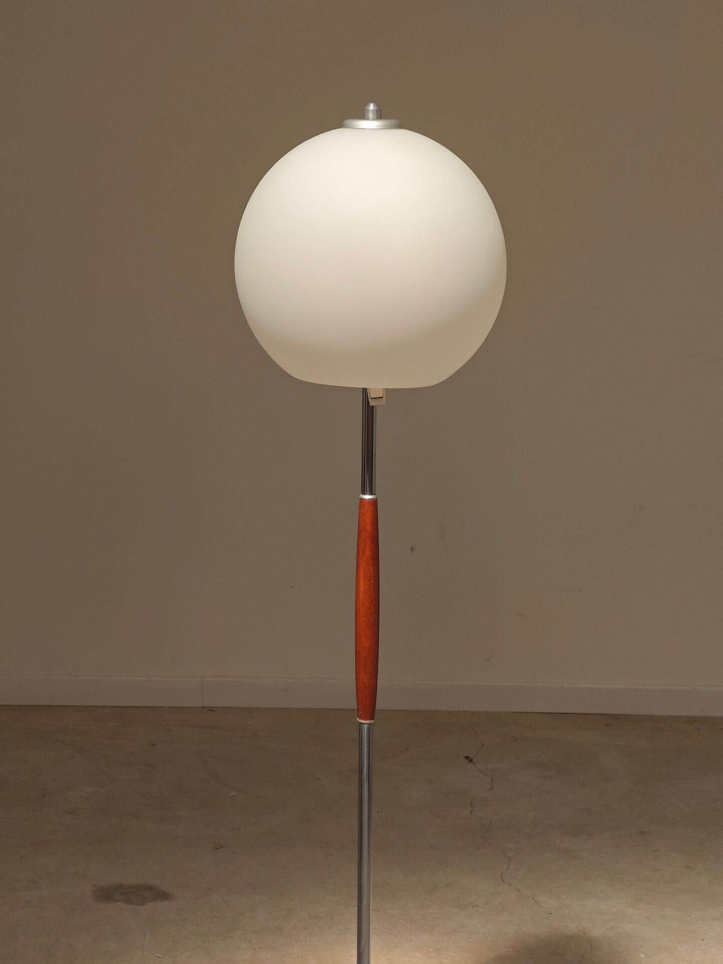 Modernist floor lamp in teak, chrome metal, opaline, Czechoslovakia 60s