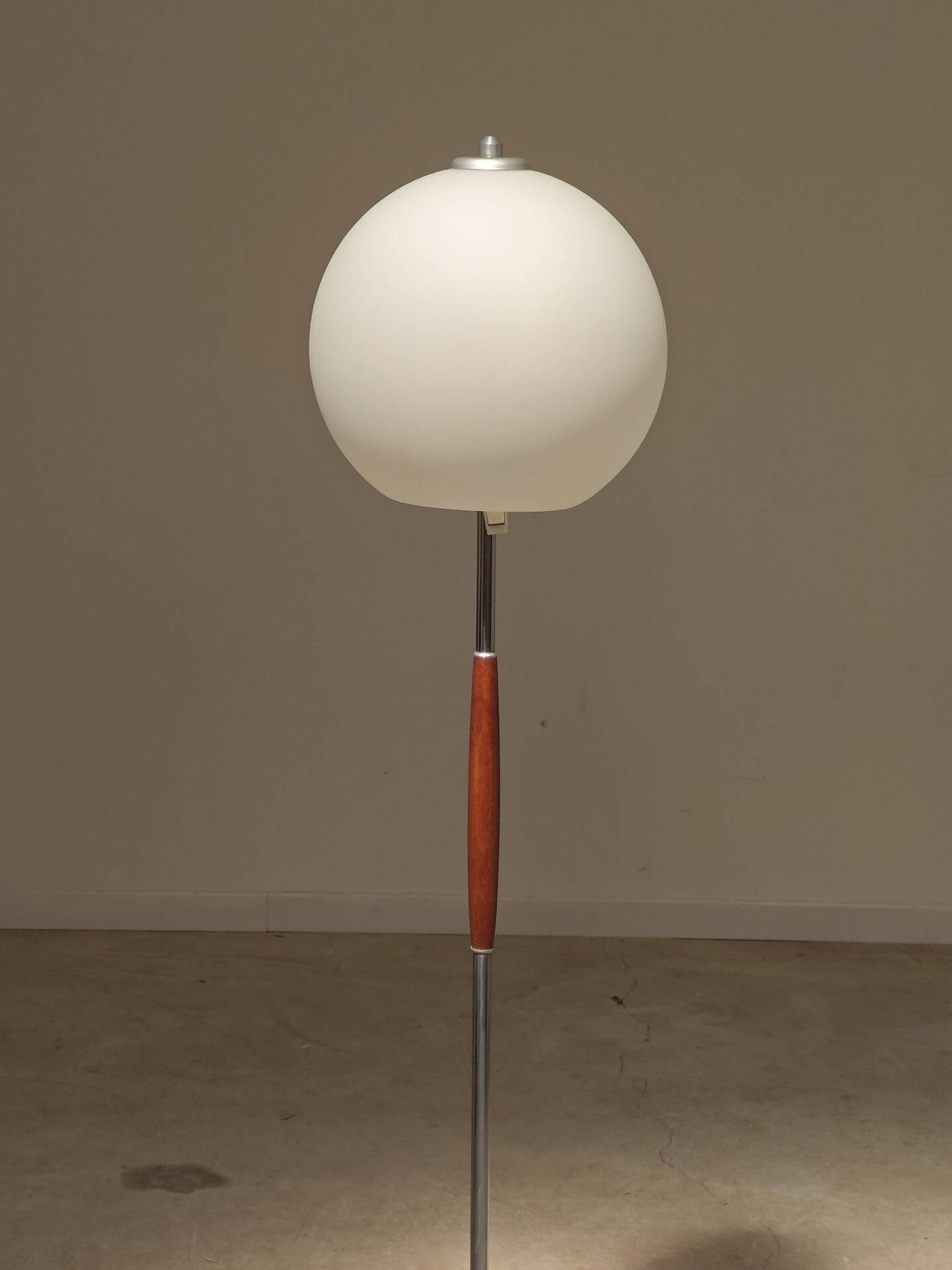 Modernist floor lamp in teak, chrome metal, opaline, Czechoslovakia 60s