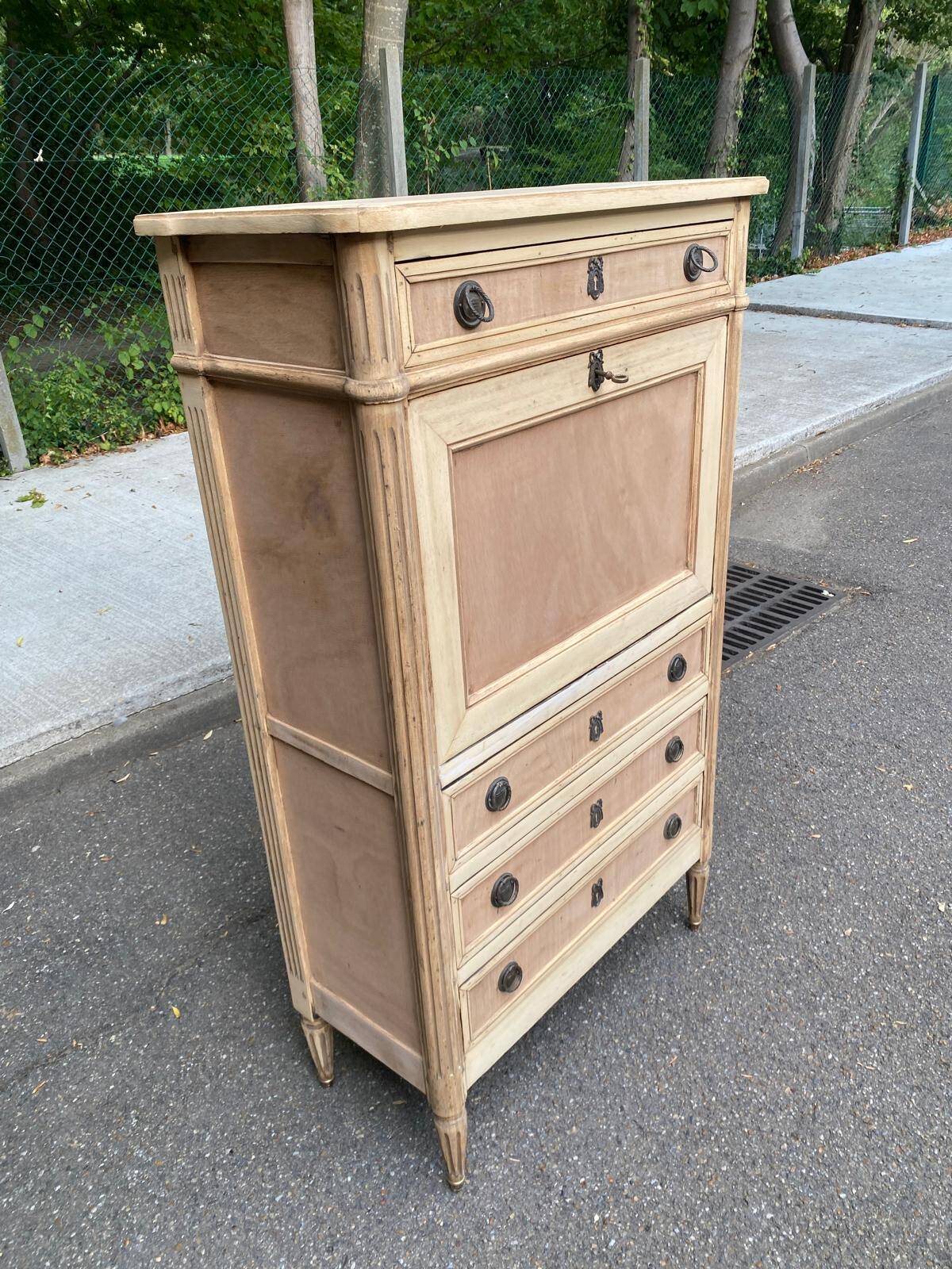 Secretary Louis XVI in stripped solid pine with a drop-down front and red leather, 1950.