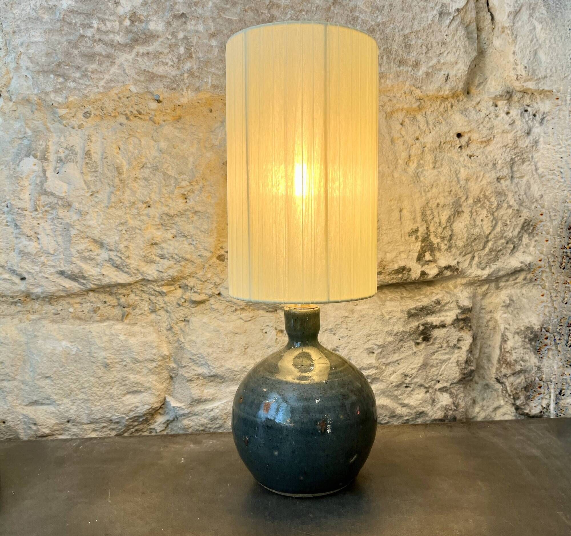 Vintage blue pyrite stoneware lamp 1970s raffia rope lampshade ribbons 70s bohemian