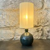 Lampe en grés pyrité bleu vintage 1970 abat-jour corde raphia rubans années 70 bohème