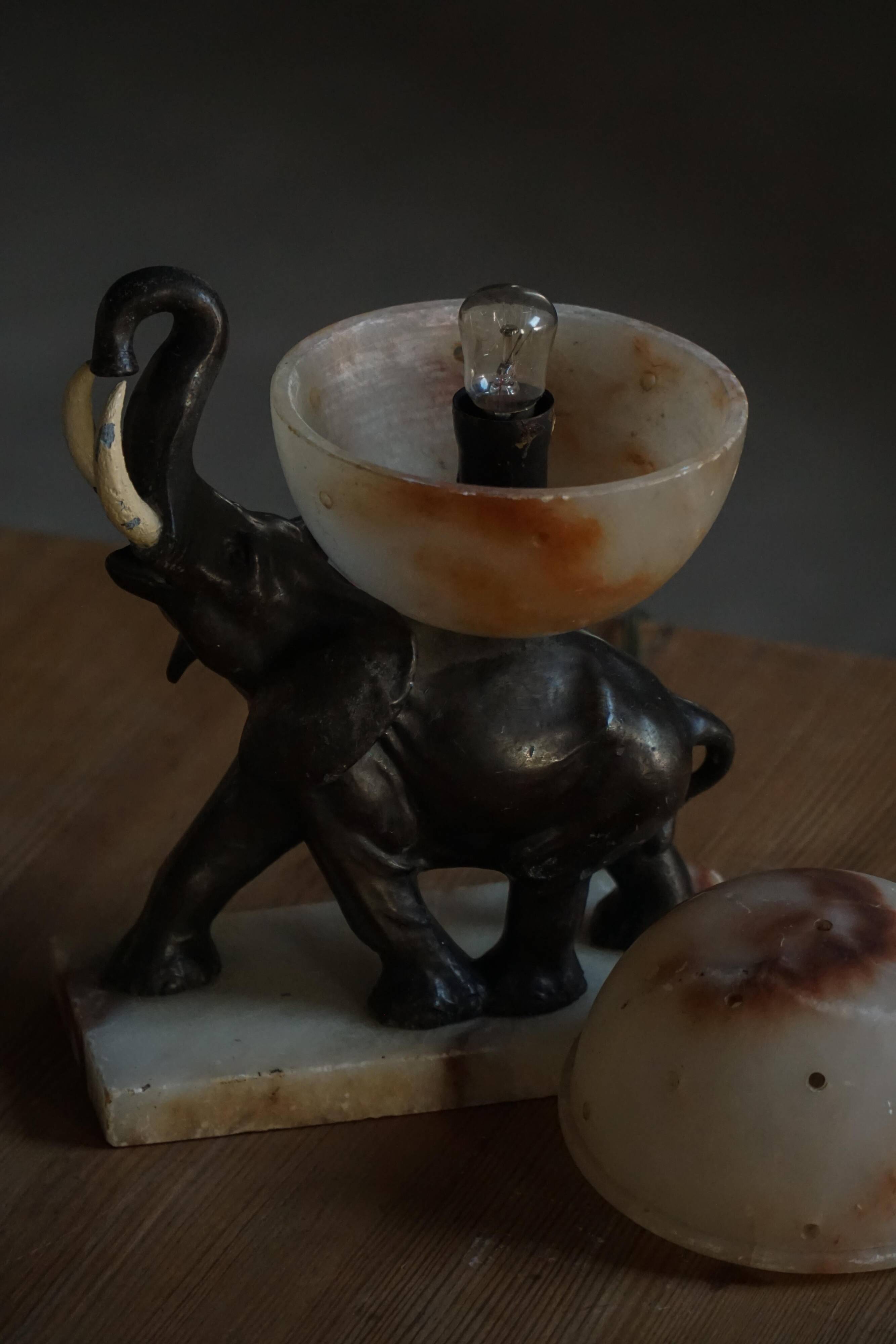 Art Deco Table Lamp, Elephant with Alabaster Globe, Early 20th Century, 1930s