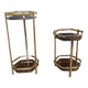 Pair of Stools / Hexagonal Side Tables – Brass & Smoked Glass – 70