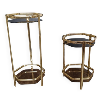 Pair of Stools / Hexagonal Side Tables – Brass & Smoked Glass – 70
