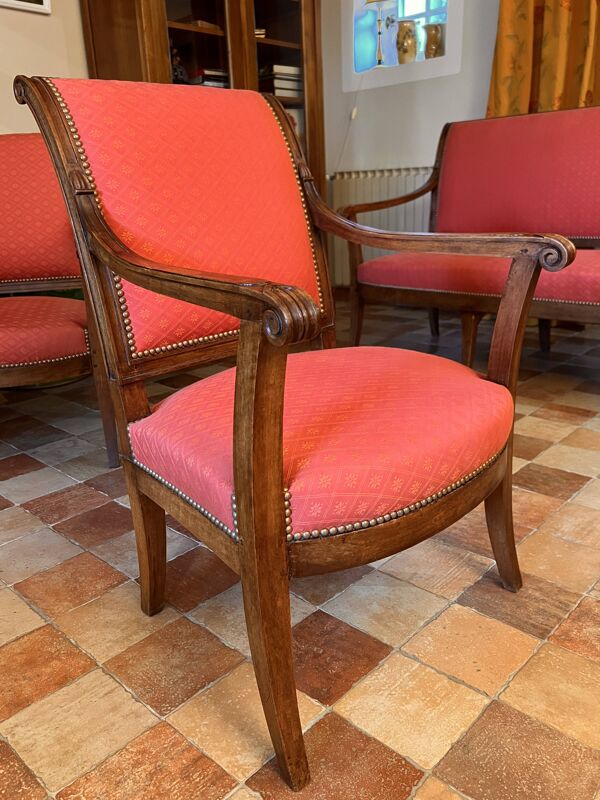 Ensemble salon Empire : banquette gondole 4 pieds + 6 fauteuils assortis