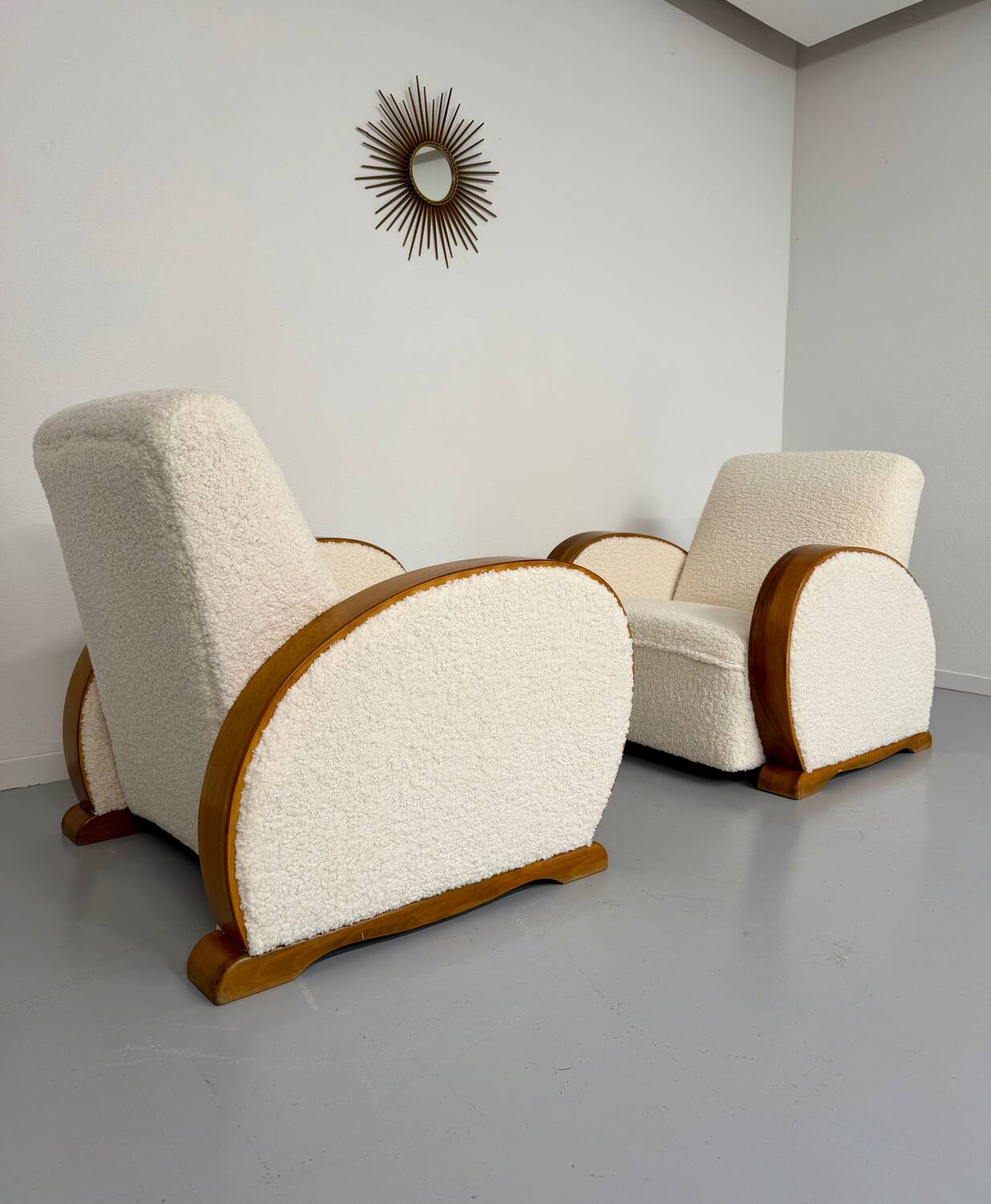 2 antique Art Deco club chairs from the 1930s, bentwood frame, bouclé fabric