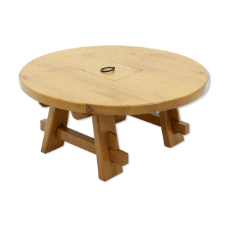 Brutalist solid oak round coffee table 1970s