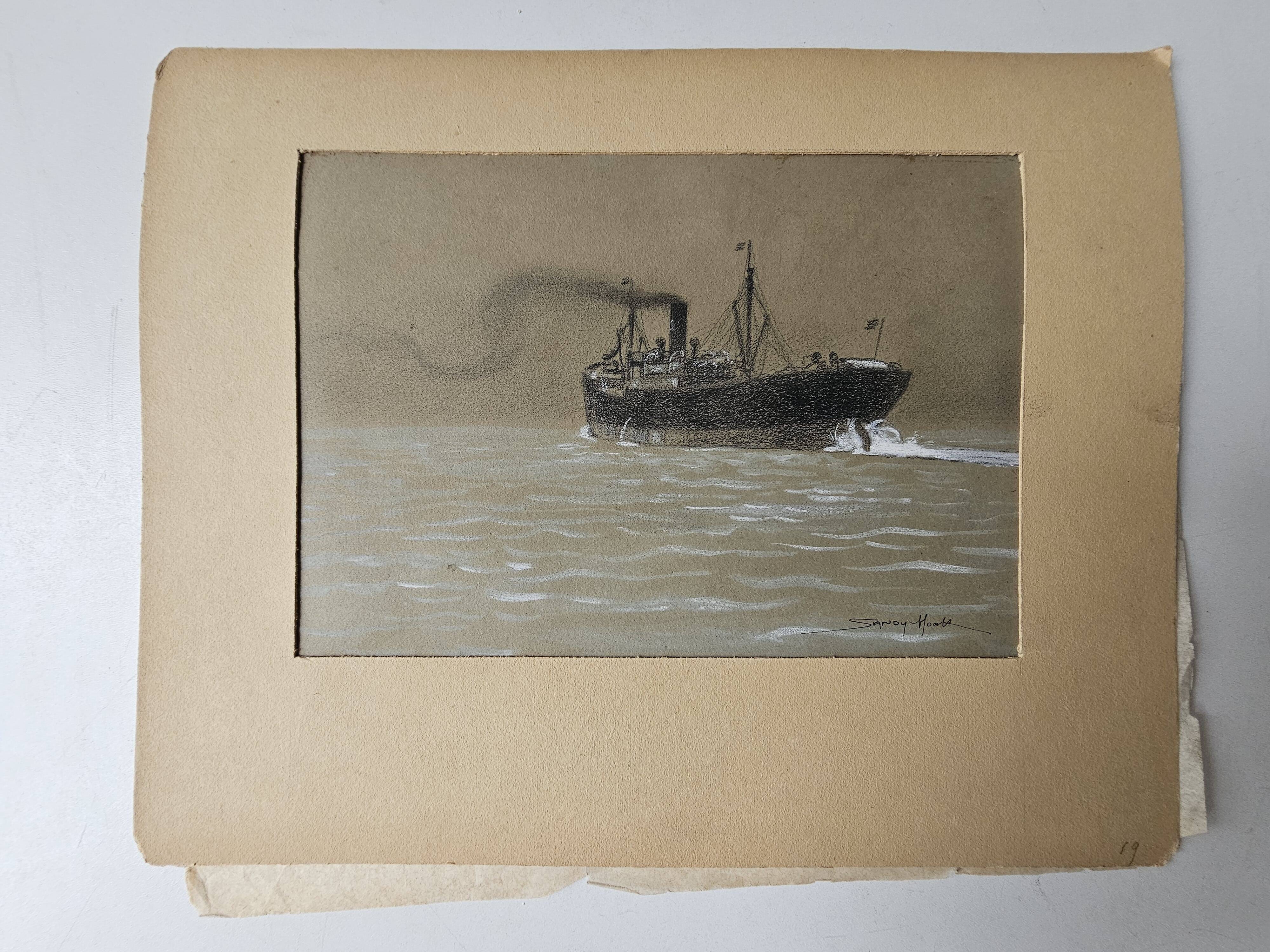 Watercolor of the Black Ocean Liner at Sea Signed TABOUREAU Georges known as Sandy-Hook (1879)