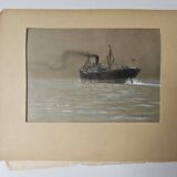Watercolor of the Black Ocean Liner at Sea Signed TABOUREAU Georges known as Sandy-Hook (1879)