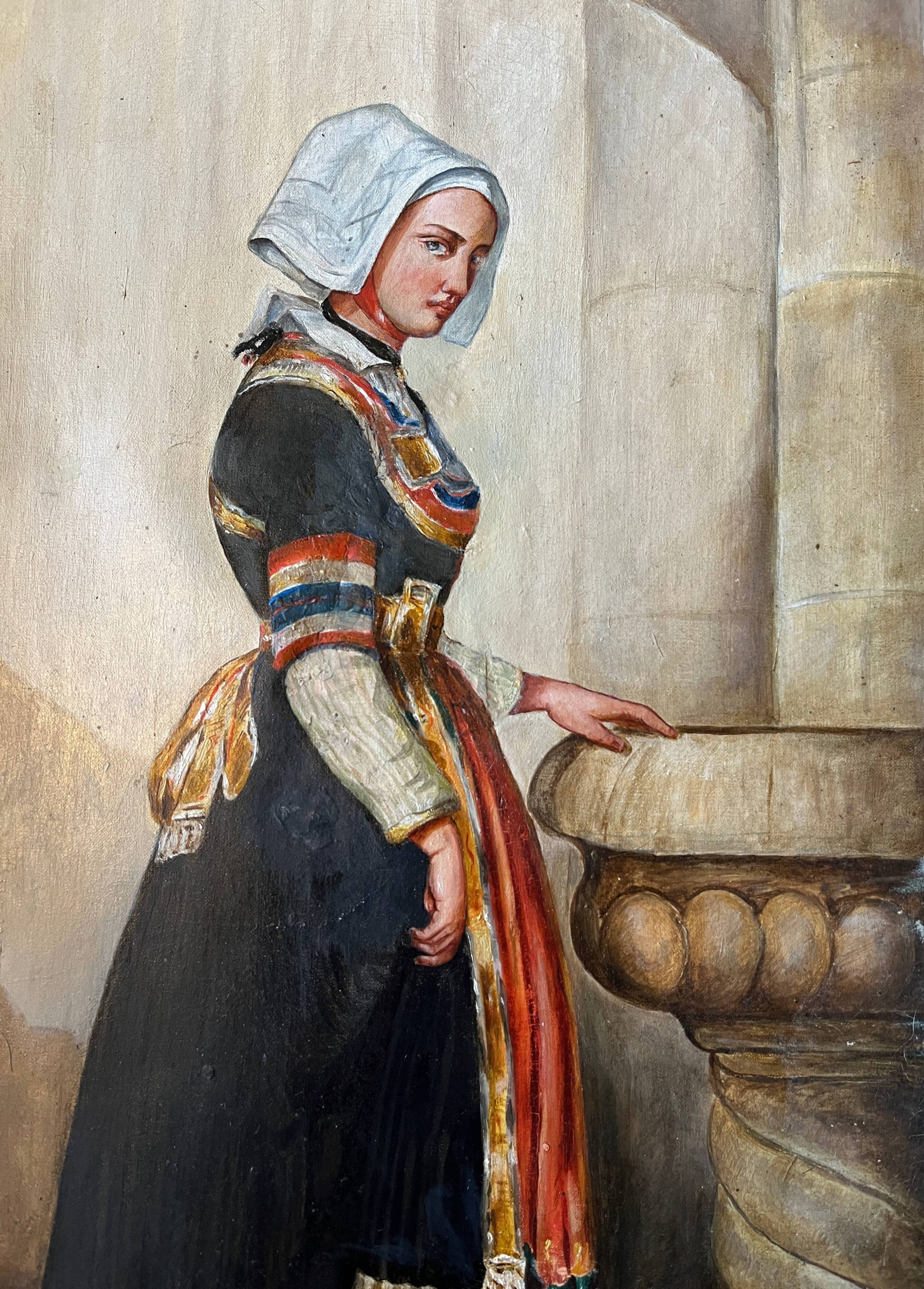 HST painting "Portrait of a young woman in traditional costume" 19th century