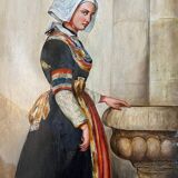 Tableau, huile sur toile "Portrait de jeune femme en costume traditionnel" XIXème s.