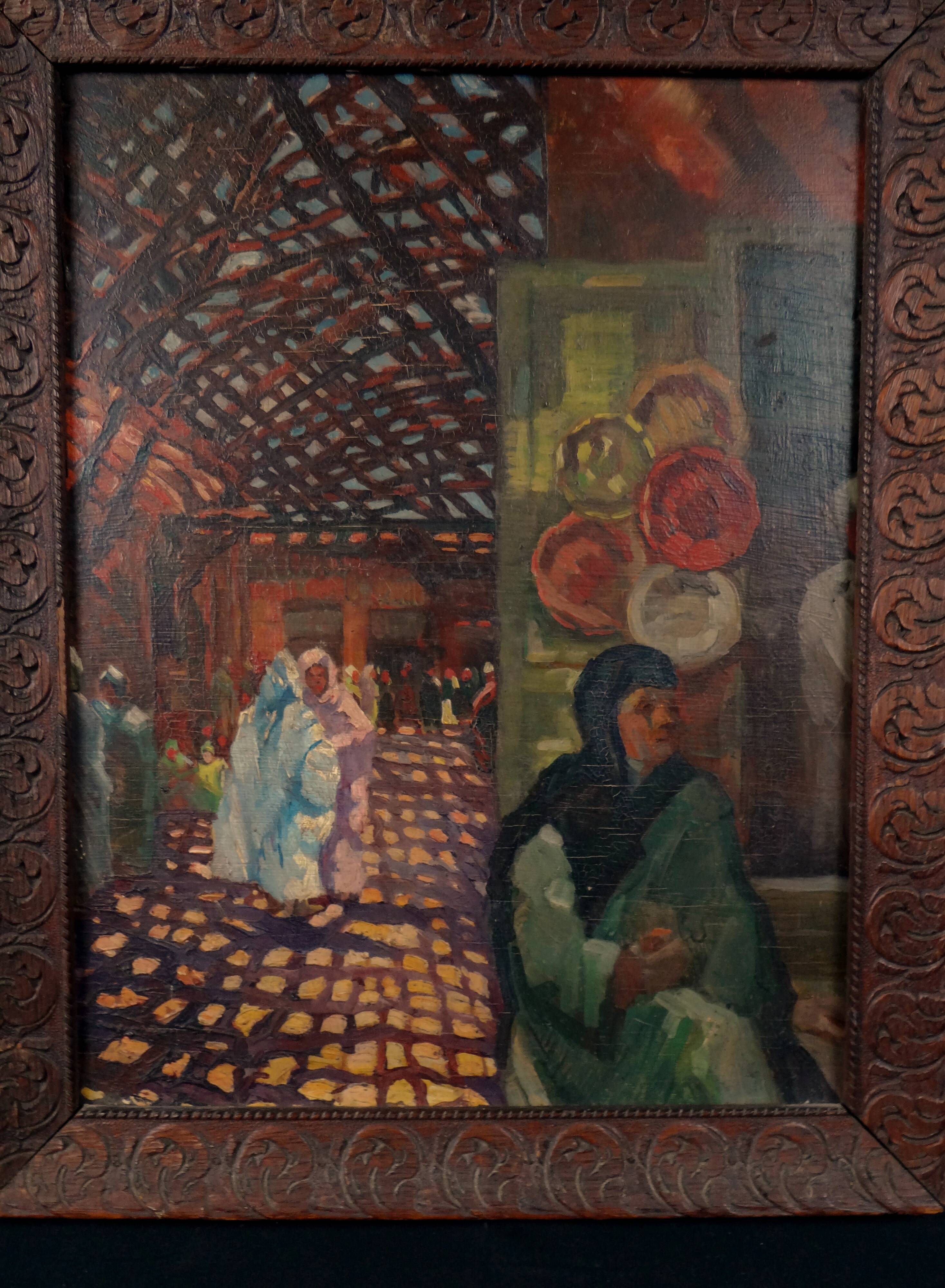 "The Souk," an Orientalist oil painting on panel, signed Émile Feher and dated 1935.