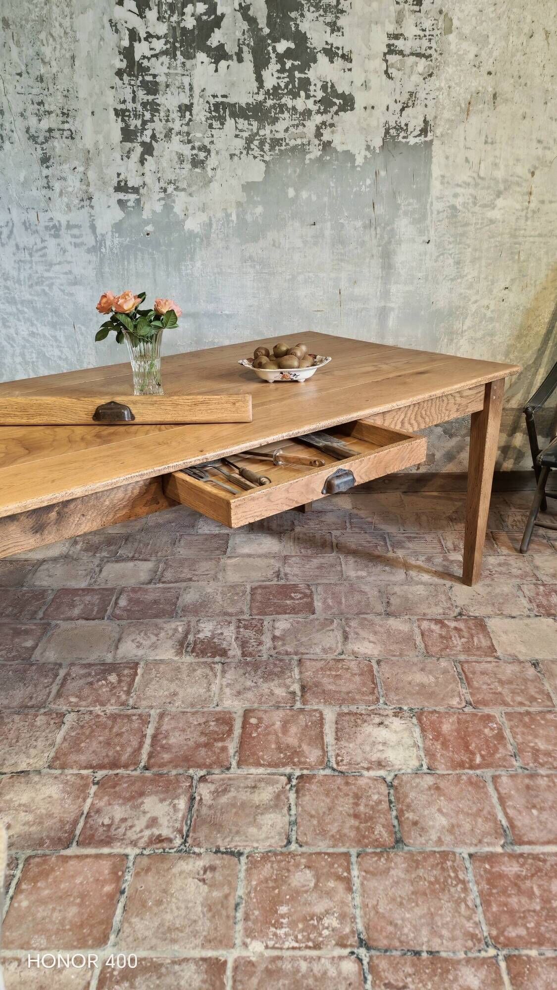 Large authentic farmhouse table made of solid French oak.