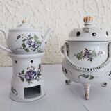 Ensemble théière sur chauffe plat et brûle parfum porcelaine à décor florale peint à la main