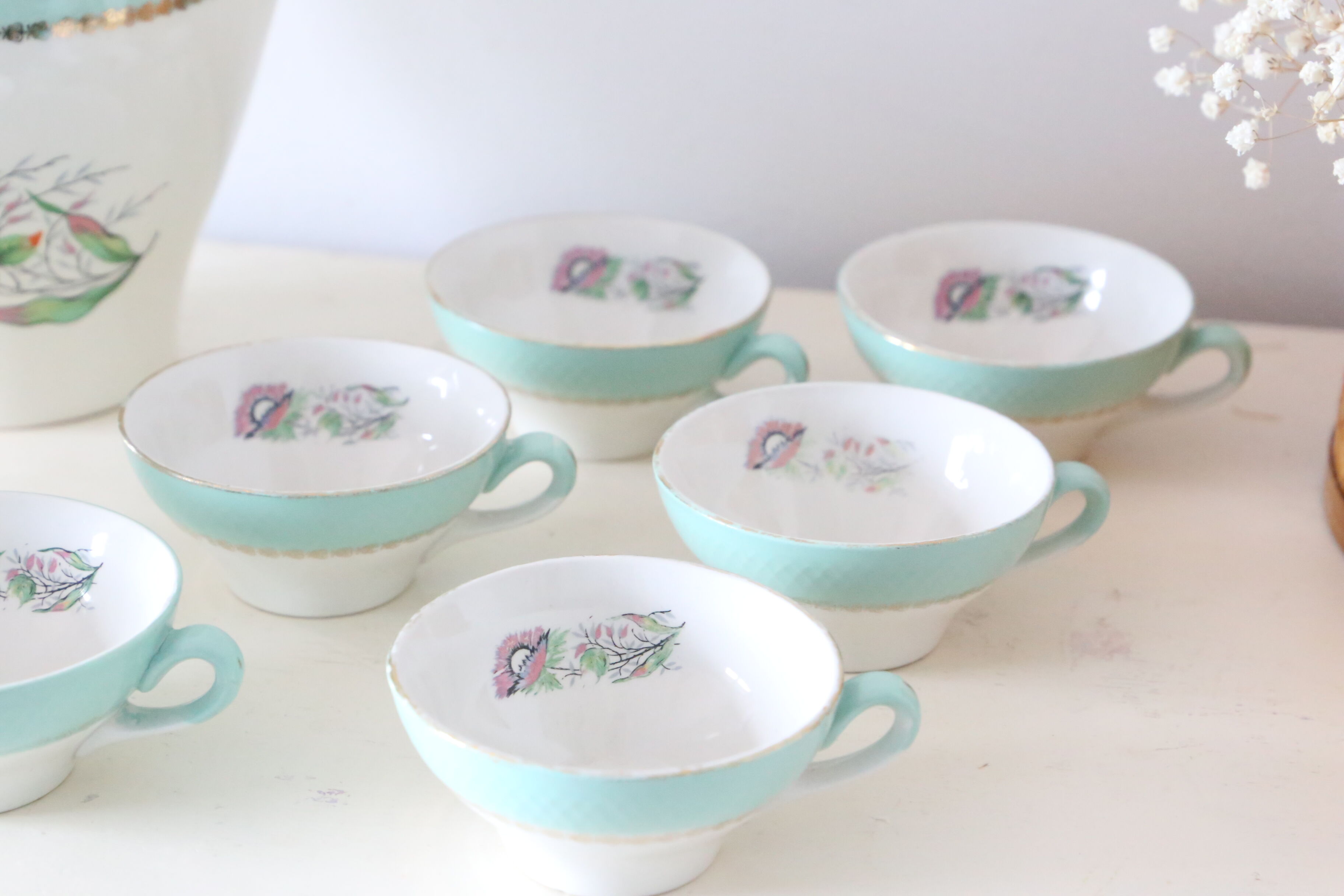 Coffee service, coffee maker, sugar maker, 6 cups and under cups, Moulin des Loups