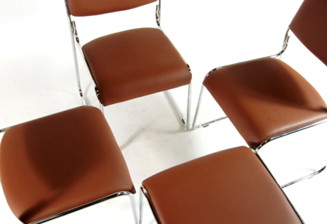 Set of 4 modern vintage Danish retro dining chairs in chrome and faux leather 60s 70s